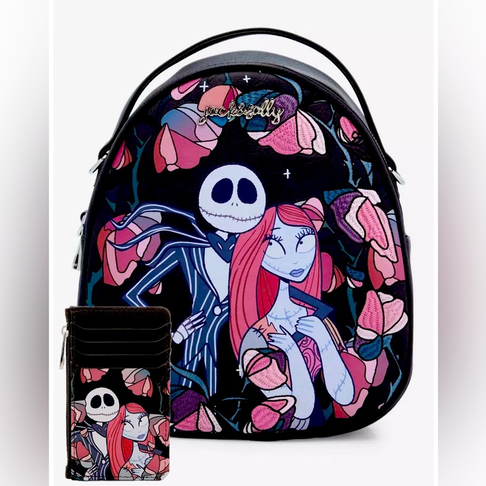 Disney Nightmare Before Christmas Jack & Sally Floral Backpack & Cardholder NWT